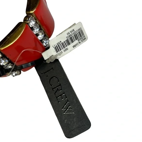 J Crew Red Square Gold-Tone Bracelet Rhinestone Diamonds New Elastic - Picture 3 of 7